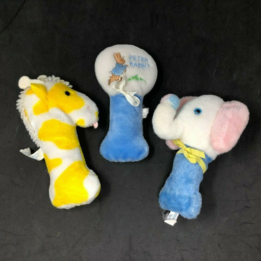 Eden Plush Rattle Lot of 3 Peter Rabbit Blue Elephant Yellow Giraffe VTGâ